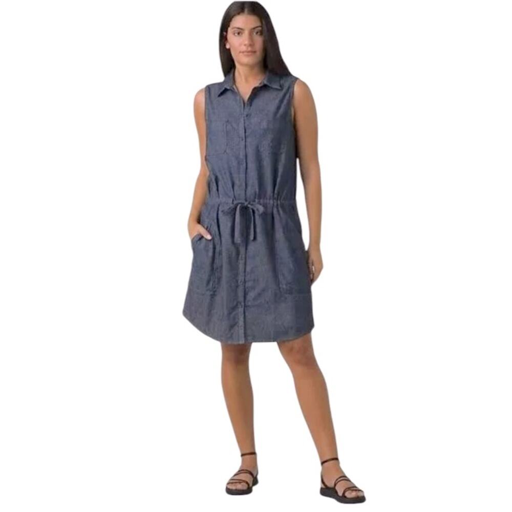 Prana Women Sunrise Peak Dress Deep Denimblue Jean collared tie front.Size S NWT